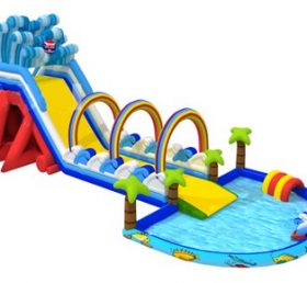 T8-1488 Rainbow And Sea Wave Inflatable Giant Slide With Water Pool