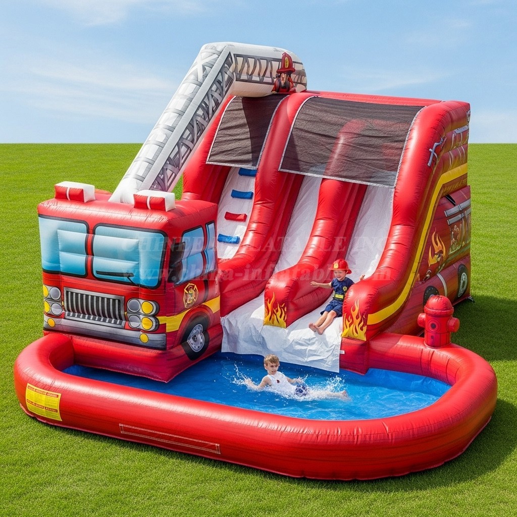 T8-8449 Firetruck Theme Inflatable Water Slide