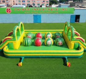 T11-4751B Cocomelon Theme Inflatable Dual Wipeout Big Balls Obstacle Course