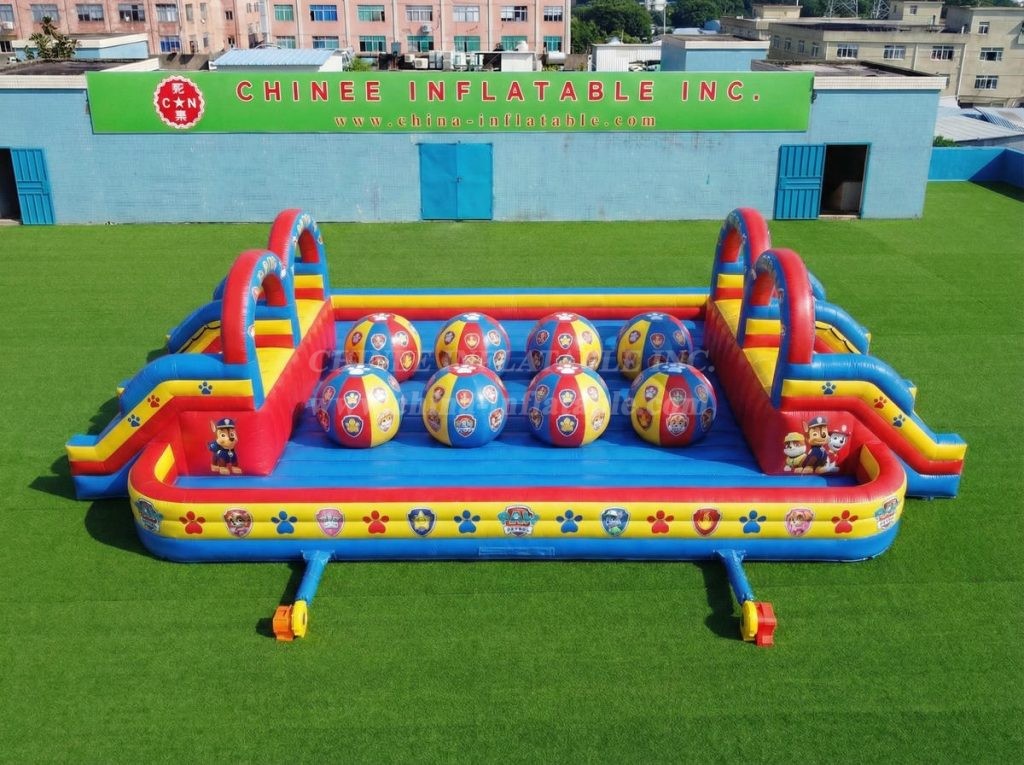 T11-4751Q Paw Patrol Theme Inflatable Dual Wipeout Big Balls Obstacle Course