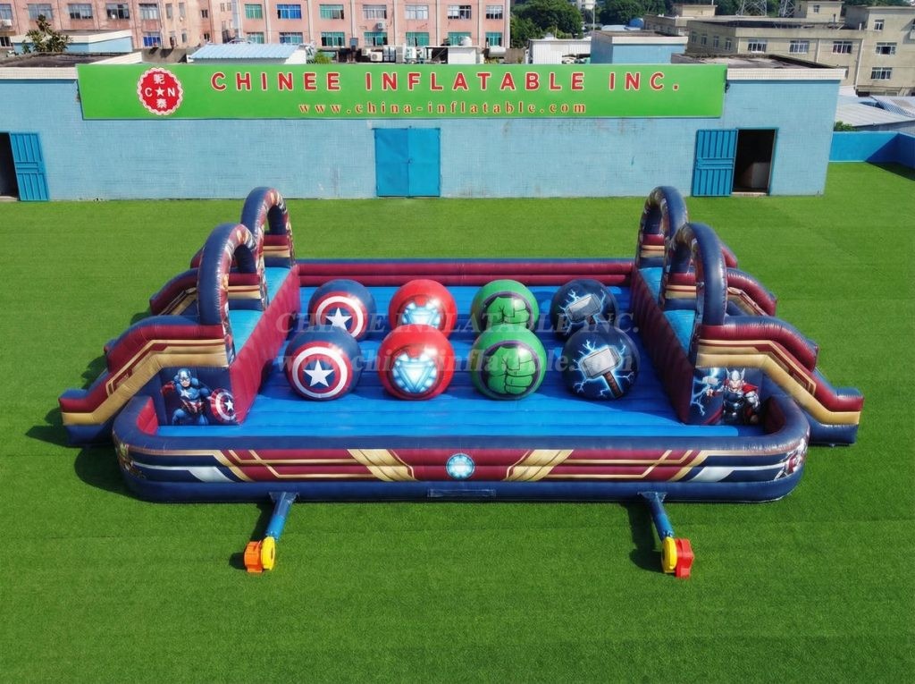 T11-4751W The Avengers Theme Inflatable Dual Wipeout Big Balls Obstacle Course