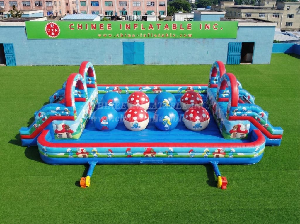 T11-4751Y The Smurfs Theme Inflatable Dual Wipeout Big Balls Obstacle Course