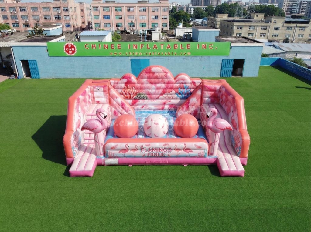 T11-4750C Flamingo Theme Inflatable Wipeout Big Balls Obstacle Course