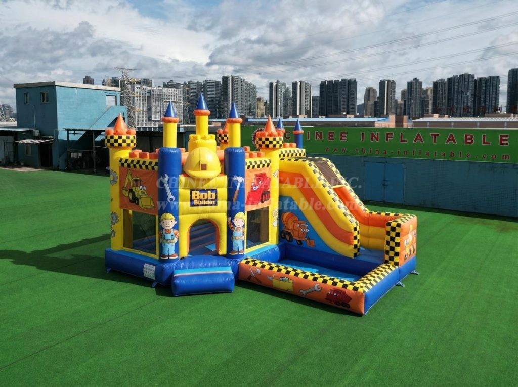 T2-8783 Bob The Builder Theme Bouncy Castle with Slide & Pool